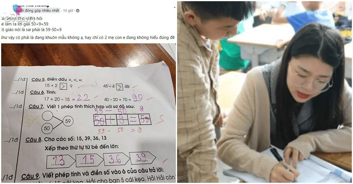 Con làm toán 50 + 9 = 59 bị cô gạch sai, mẹ tức giận đi hỏi, 100% mọi người đều nói: Cô đúng!
