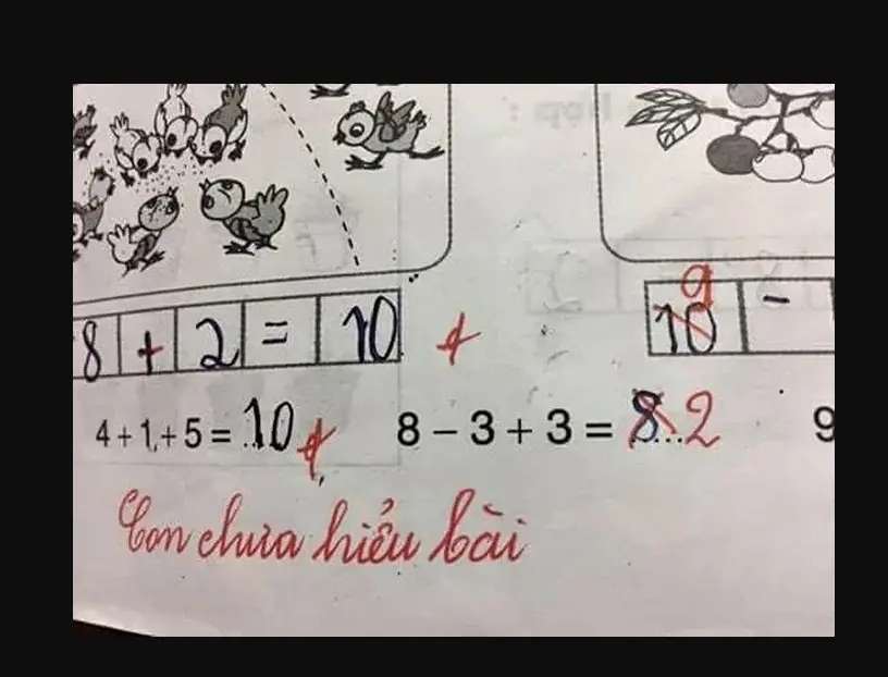 Bài toán '8-3+3=8' bị gạch sai, cô giáo đưa ra đáp án và lời phê khiến dân tình tức anh ách