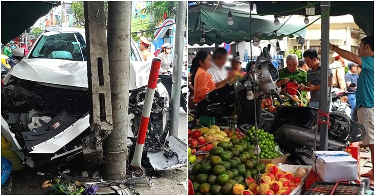 Nguyên nhân vụ nữ tài xế t:ông xe máy văng lên sạp trái cây khiến 2 người bị th:ương, chỉ dừng lại khi v:a vào trụ điện